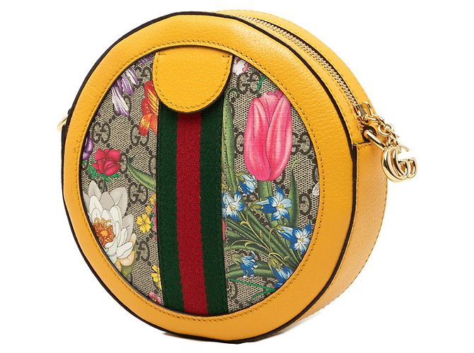 Borsa a tracolla con catena Gucci GG Supreme Flora Beige Giallo - vista 2
