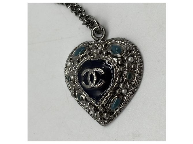 Pendente Cuore CC Chanel in resina impreziosita da metallo e cristalli 60 cm Argento - vista 3