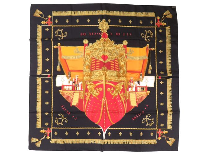 Hermès Pañuelo de seda Hermes Carre 90 Queen's Coronation Negro Roja Amarillo - vista 3