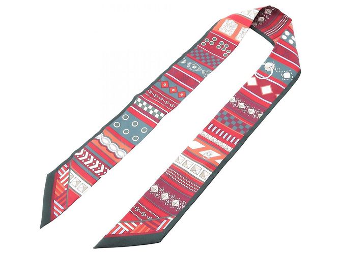 Hermès Hermes Twilly Colliers de Chiens Ribbon Scarf Muffler Multicolore Verde Bordò - vista 3