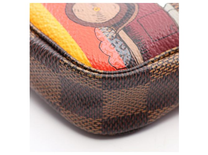 Borsa Louis Vuitton Mini Pochette Accessoires Damier Ebene Illustré Marrone Multicolore - vista 6
