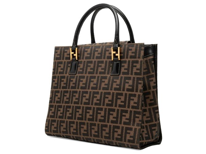 Borsa Tote Fendi Zucca Marrone e Nera in Pelle e Tela Nero - vista 2