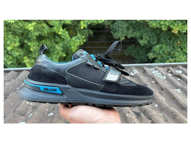 Prada Sneakers Nero Blu Pelle Camoscio - vista 11