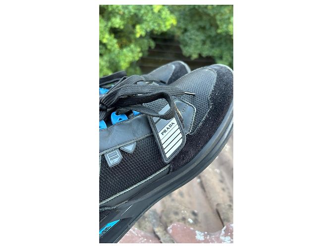 Prada Sneakers Nero Blu Pelle Camoscio - vista 3