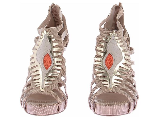 Hermès Décolleté shell in pelle di lucertola Beige - vista 3
