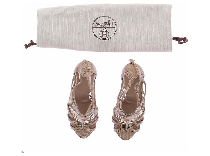 Hermès Décolleté shell in pelle di lucertola Beige - vista 7
