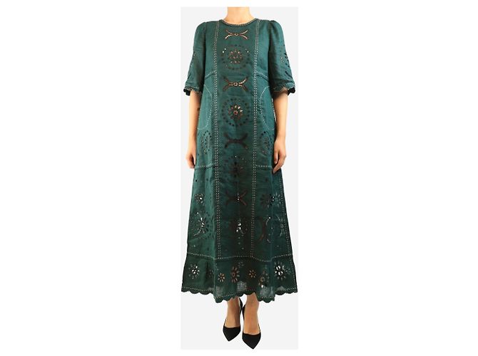 Autre Marque Abito maxi in lino ricamato verde - size - vista 3