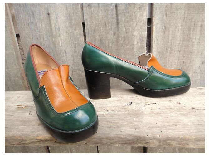 Autre Marque Mocassini con tacco Beaumanoir anni '70 Verde Arancione - vista 2