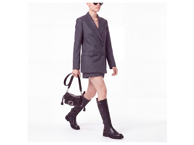 Fendi FF Jacquard Leder- und Stoffstiefel Schwarz - Ansicht 2