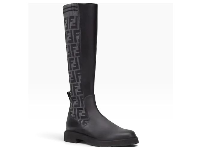 Fendi FF Jacquard Leder- und Stoffstiefel Schwarz - Ansicht 5