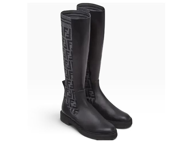 Fendi FF Jacquard Leder- und Stoffstiefel Schwarz - Ansicht 6
