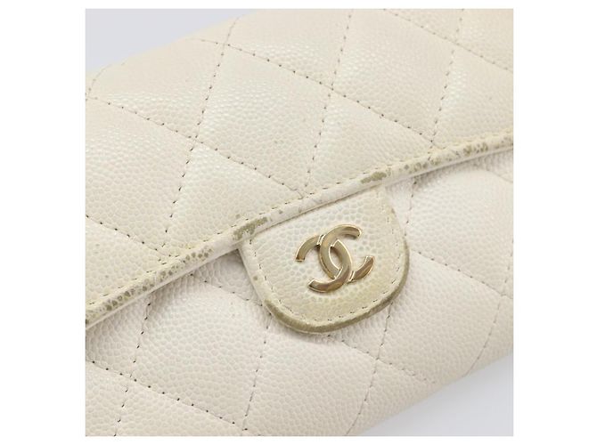 Cartera larga CHANEL Matelasse Caviar Skin White Gold CC Auth 200700 Blanco Dorado - vista 13