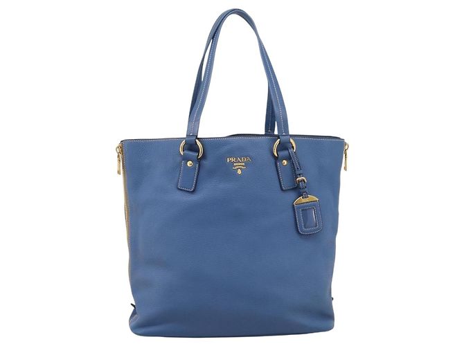 Borsa Tote PRADA in pelle Vittero Dino Blu Oro Auth 200767V D'oro - vista 2