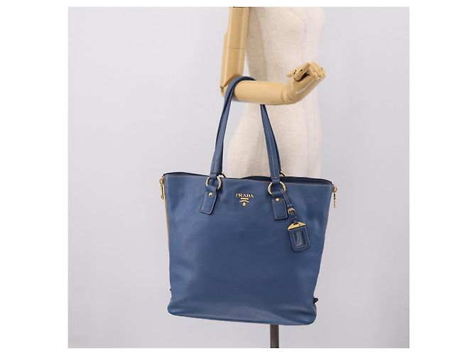 Borsa Tote PRADA in pelle Vittero Dino Blu Oro Auth 200767V D'oro - vista 28