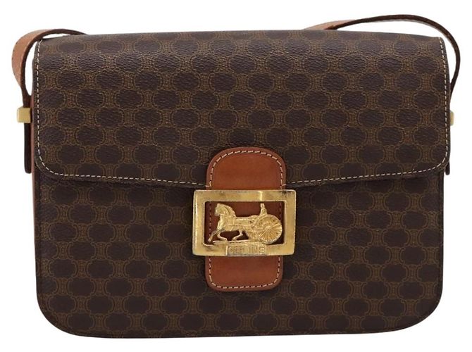 Céline Borsa CELINE Macadam Canvas Horse Carriage Bag PVC Leather Brown Gold Auth 202877 Marrone D'oro - vista 2