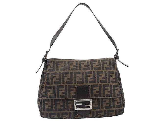 Borsa a tracolla FENDI Zucca Canvas Mamma Baguette Marrone Nero Auth BA15633A - vista 2