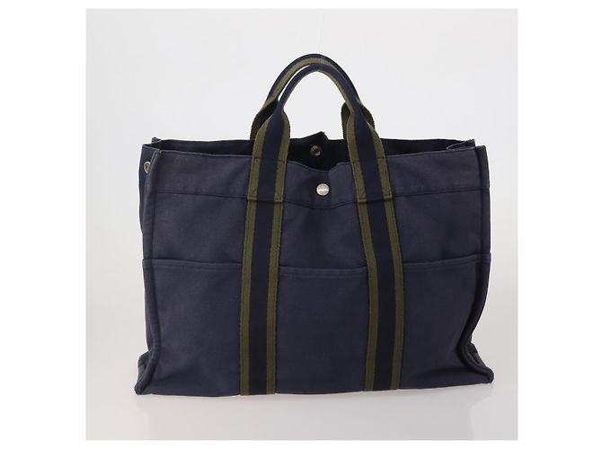 Hermès Borsa HERMES Fourre Tout MM cotone 4Set Navy Black Auth 199989 Nero Blu navy - vista 8