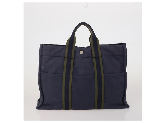 Hermès Borsa HERMES Fourre Tout MM cotone 4Set Navy Black Auth 199989 Nero Blu navy - vista 9
