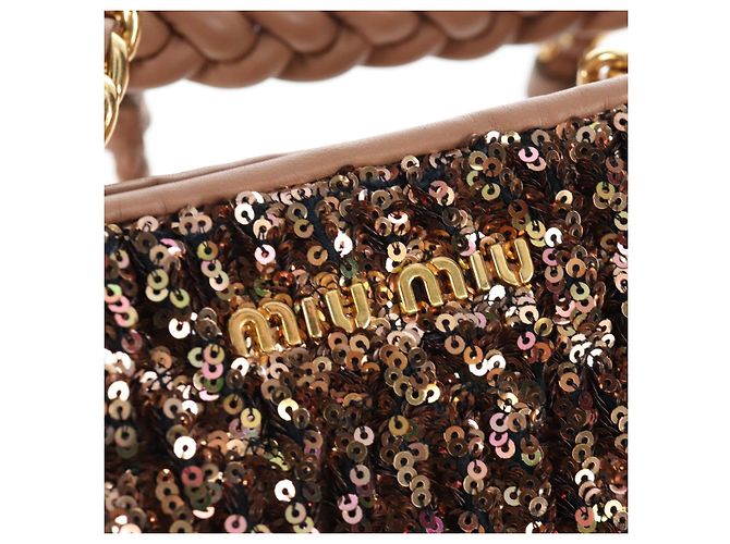 Borsa Tote Miu Miu Pelle Paillettes 2way Beige Gold Auth 202996M D'oro - vista 18