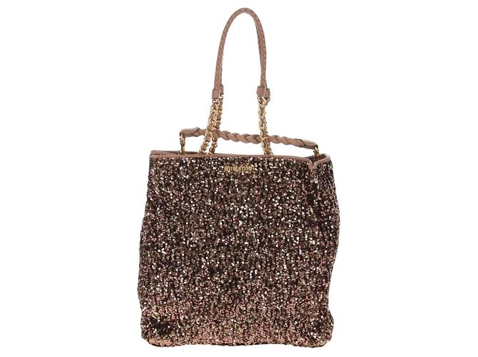 Borsa Tote Miu Miu Pelle Paillettes 2way Beige Gold Auth 202996M D'oro - vista 2