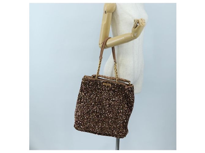 Borsa Tote Miu Miu Pelle Paillettes 2way Beige Gold Auth 202996M D'oro - vista 28