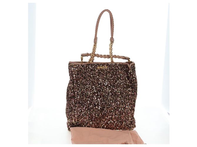 Borsa Tote Miu Miu Pelle Paillettes 2way Beige Gold Auth 202996M D'oro - vista 29
