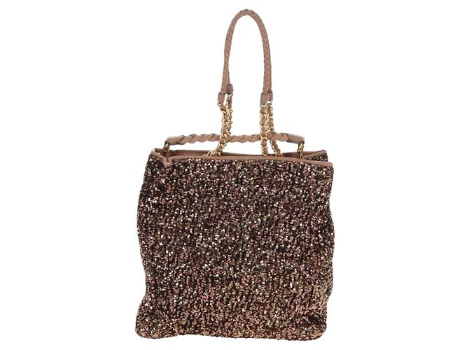 Borsa Tote Miu Miu Pelle Paillettes 2way Beige Gold Auth 202996M D'oro - vista 3