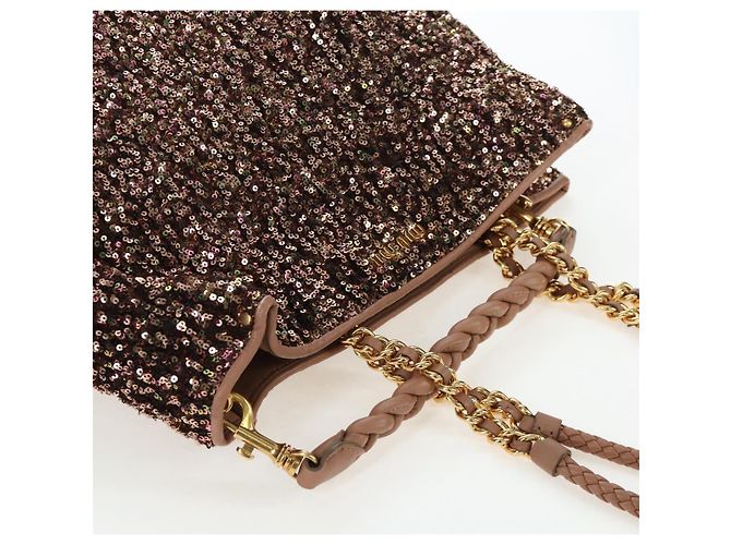 Borsa Tote Miu Miu Pelle Paillettes 2way Beige Gold Auth 202996M D'oro - vista 6