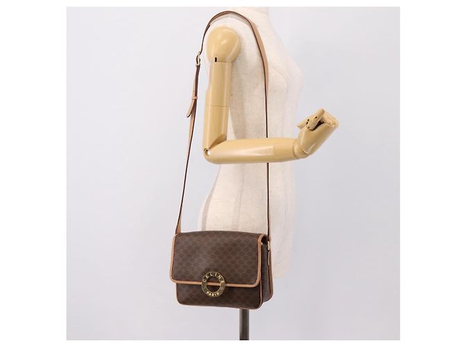 Céline Borsa a tracolla circolare CELINE Macadam Canvas PVC Pelle Marrone Oro Auth 202874A D'oro - vista 25