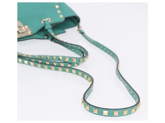 Borsa Tote VALENTINO Studs in pelle 2 vie Blu Turchese Oro Auth BA15656A D'oro - vista 10