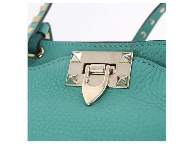 Borsa Tote VALENTINO Studs in pelle 2 vie Blu Turchese Oro Auth BA15656A D'oro - vista 18