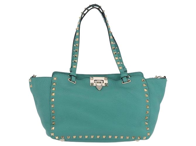 Borsa Tote VALENTINO Studs in pelle 2 vie Blu Turchese Oro Auth BA15656A D'oro - vista 2