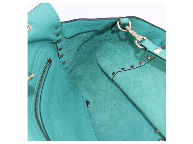 Borsa Tote VALENTINO Studs in pelle 2 vie Blu Turchese Oro Auth BA15656A D'oro - vista 21
