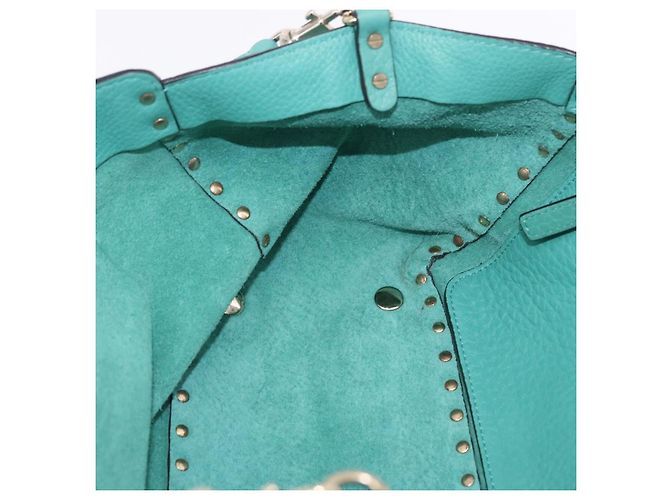 Borsa Tote VALENTINO Studs in pelle 2 vie Blu Turchese Oro Auth BA15656A D'oro - vista 22