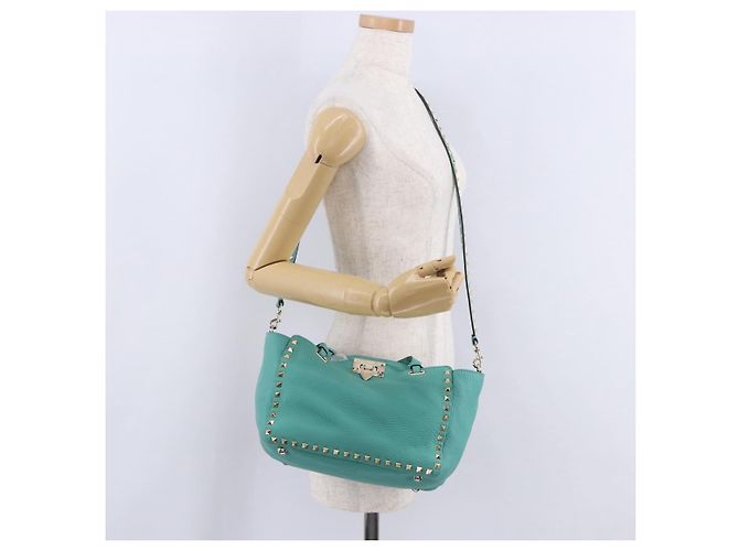Borsa Tote VALENTINO Studs in pelle 2 vie Blu Turchese Oro Auth BA15656A D'oro - vista 26