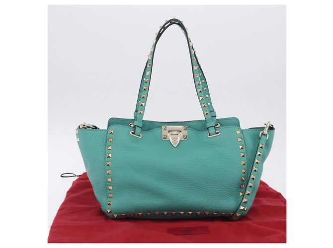 Borsa Tote VALENTINO Studs in pelle 2 vie Blu Turchese Oro Auth BA15656A D'oro - vista 27