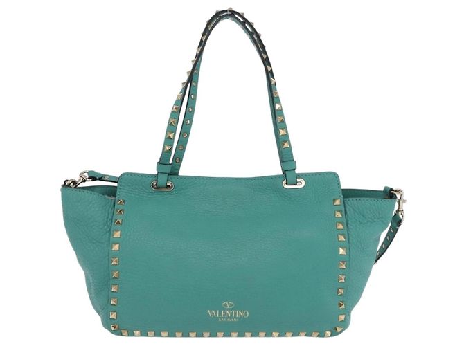 Borsa Tote VALENTINO Studs in pelle 2 vie Blu Turchese Oro Auth BA15656A D'oro - vista 3