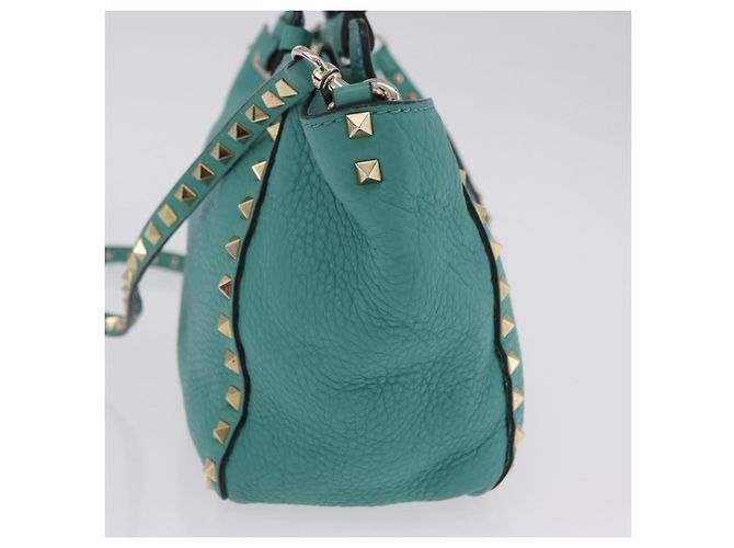 Borsa Tote VALENTINO Studs in pelle 2 vie Blu Turchese Oro Auth BA15656A D'oro - vista 4