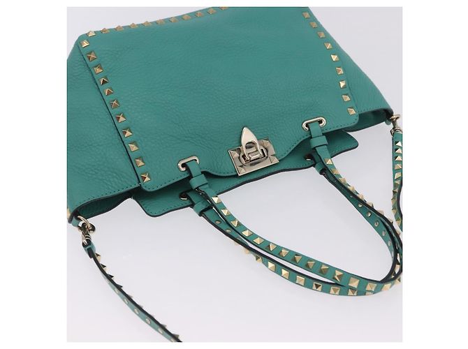 Borsa Tote VALENTINO Studs in pelle 2 vie Blu Turchese Oro Auth BA15656A D'oro - vista 6