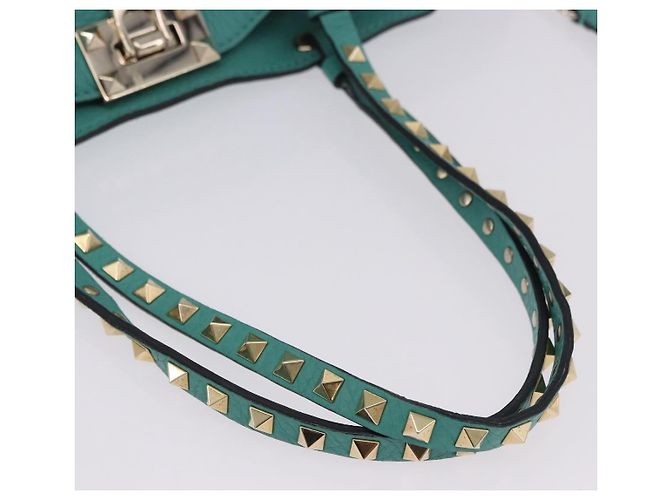 Borsa Tote VALENTINO Studs in pelle 2 vie Blu Turchese Oro Auth BA15656A D'oro - vista 7