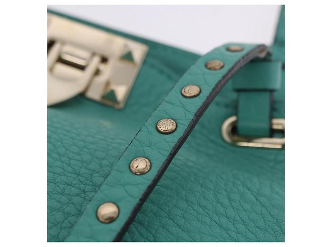 Borsa Tote VALENTINO Studs in pelle 2 vie Blu Turchese Oro Auth BA15656A D'oro - vista 9