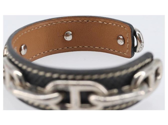 Hermès HERMES Bracciale Bangle Chaine d'Ancre Metallo Pelle Silver Black Auth 200739V Nero Argento - vista 11