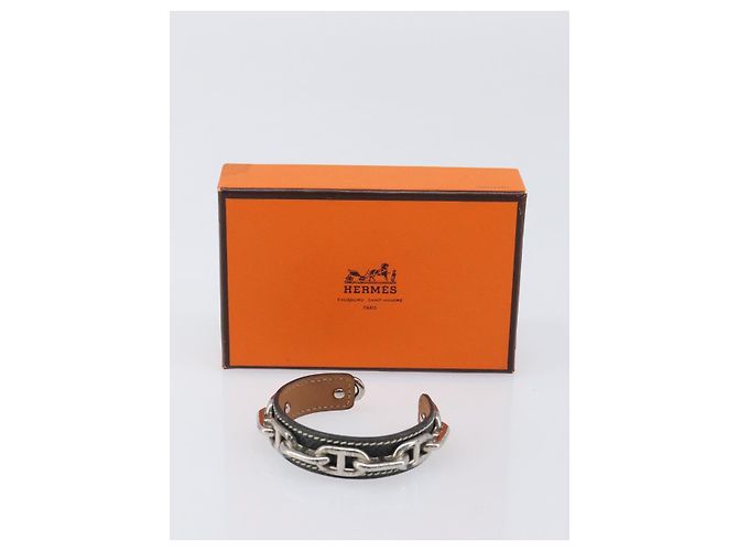 Hermès HERMES Bracciale Bangle Chaine d'Ancre Metallo Pelle Silver Black Auth 200739V Nero Argento - vista 13