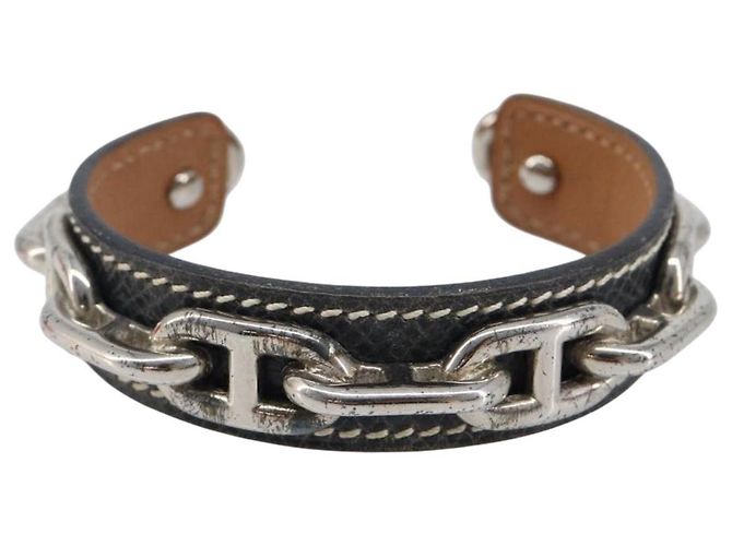 Hermès HERMES Bracciale Bangle Chaine d'Ancre Metallo Pelle Silver Black Auth 200739V Nero Argento - vista 2