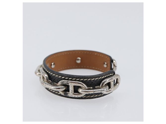 Hermès HERMES Bracciale Bangle Chaine d'Ancre Metallo Pelle Silver Black Auth 200739V Nero Argento - vista 4