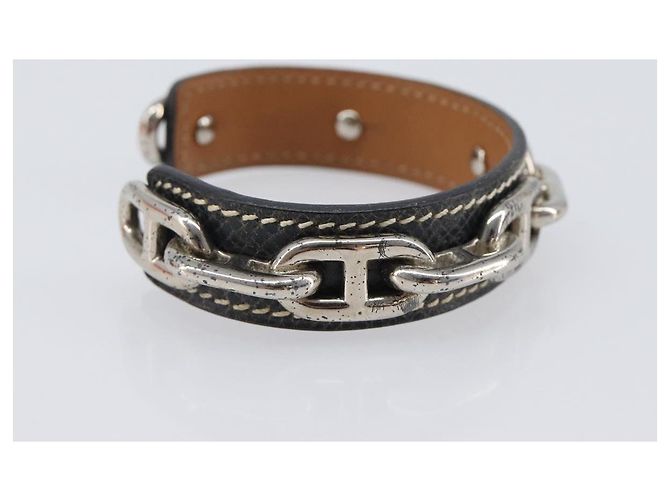 Hermès HERMES Bracciale Bangle Chaine d'Ancre Metallo Pelle Silver Black Auth 200739V Nero Argento - vista 5