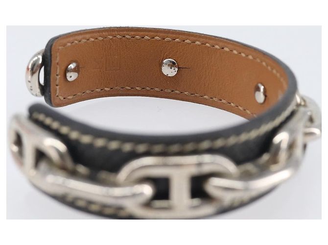 Hermès HERMES Bracciale Bangle Chaine d'Ancre Metallo Pelle Silver Black Auth 200739V Nero Argento - vista 9