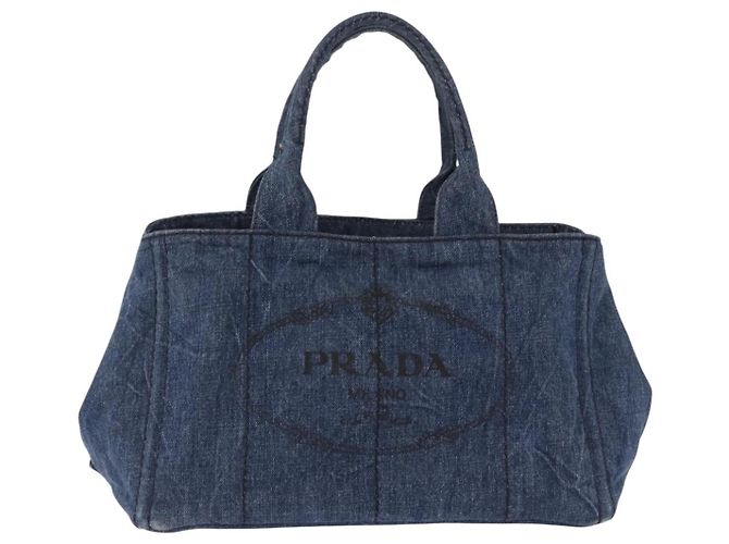 Borsa a mano PRADA Canapa MM Denim Blue Gold Tone Auth 201120 - vista 2