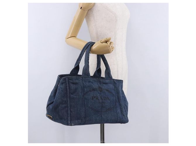 Borsa a mano PRADA Canapa MM Denim Blue Gold Tone Auth 201120 - vista 29