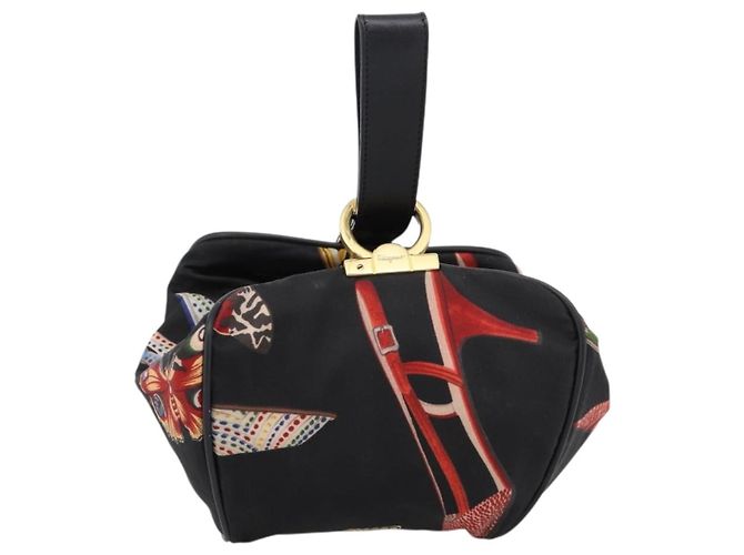 Pouch Salvatore Ferragamo Gancini Nylon Nero Tono Oro Auth 200166 - vista 2